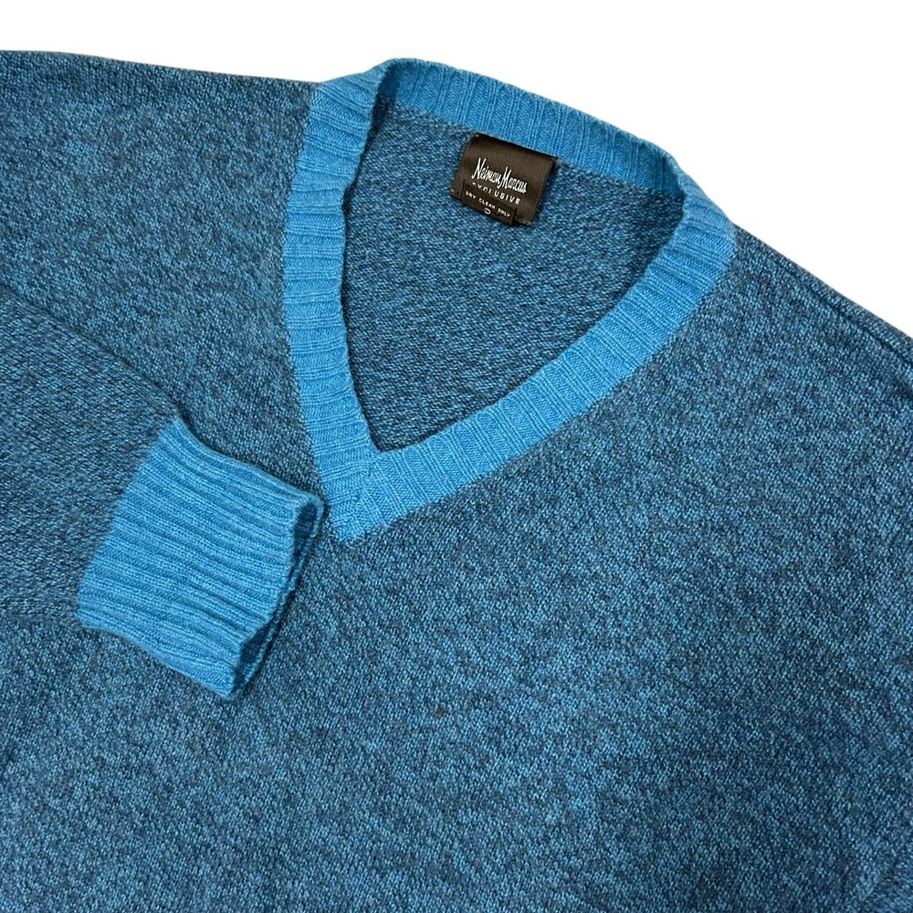 Neiman Marcus Lambswool Sweater Mens Large Blue V-Neck Pullover (Holes)